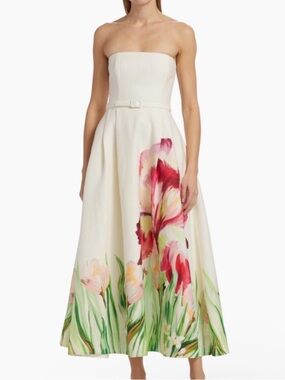 Nicholas the Label Kyra Floral Belted Strapless fit & flare midi dress